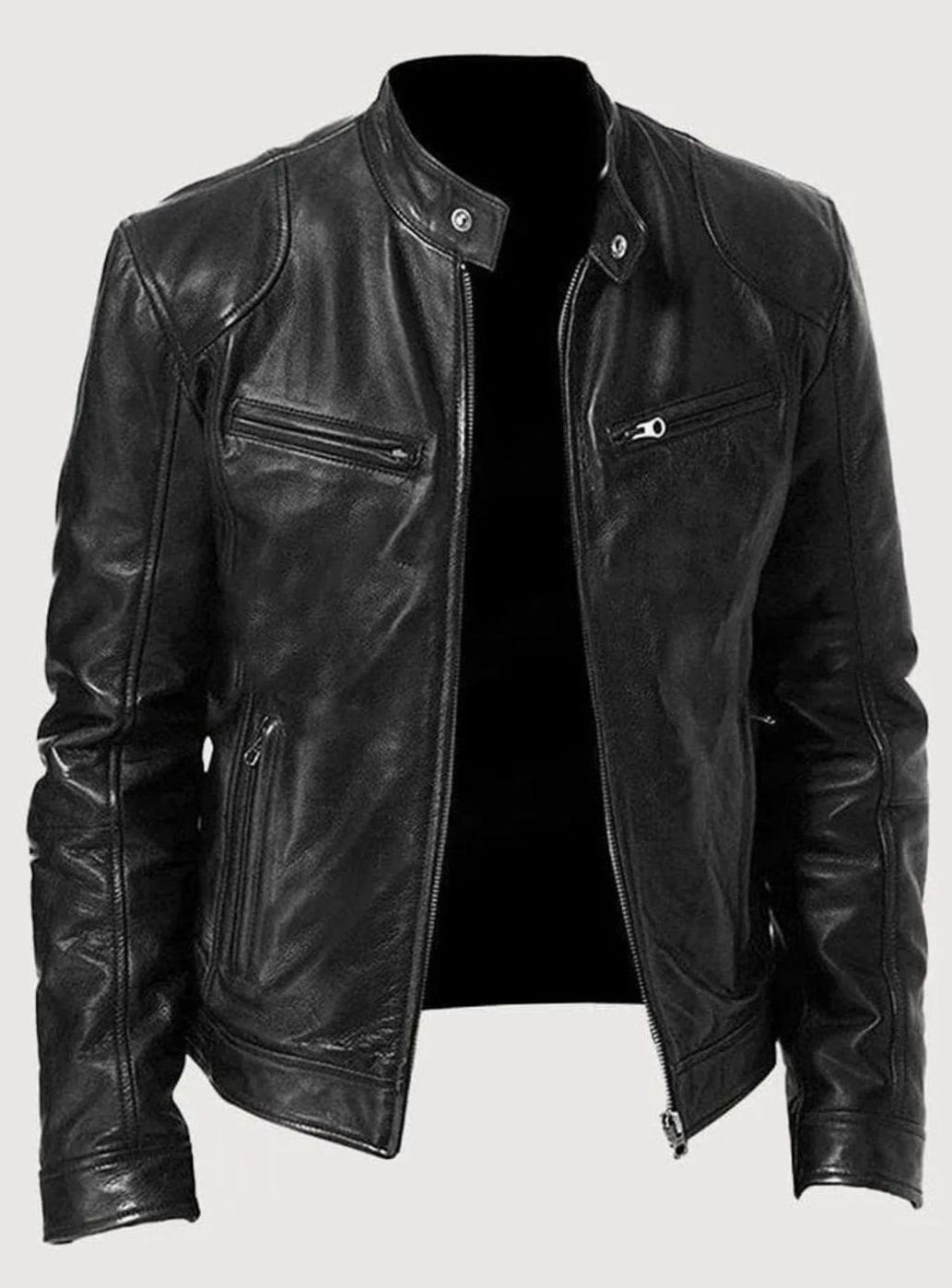 Damen Slim-Fit Moto Lederjacke mit Stehkragen Reißverschluss - Schwarz
