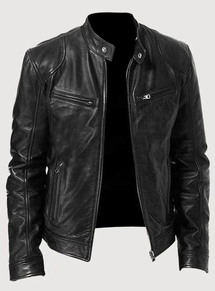 Damen Slim-Fit Moto Lederjacke mit Stehkragen Reißverschluss - Schwarz