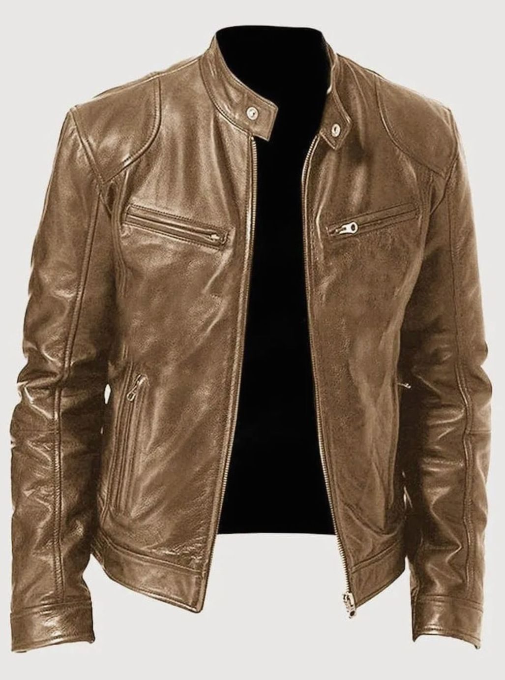 Damen Slim-Fit Moto Lederjacke mit Stehkragen Reißverschluss - Beige