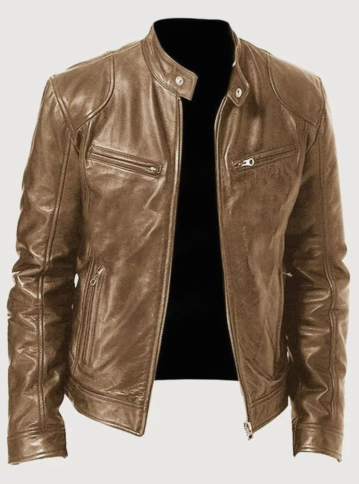 Damen Slim-Fit Moto Lederjacke mit Stehkragen Reißverschluss - Beige