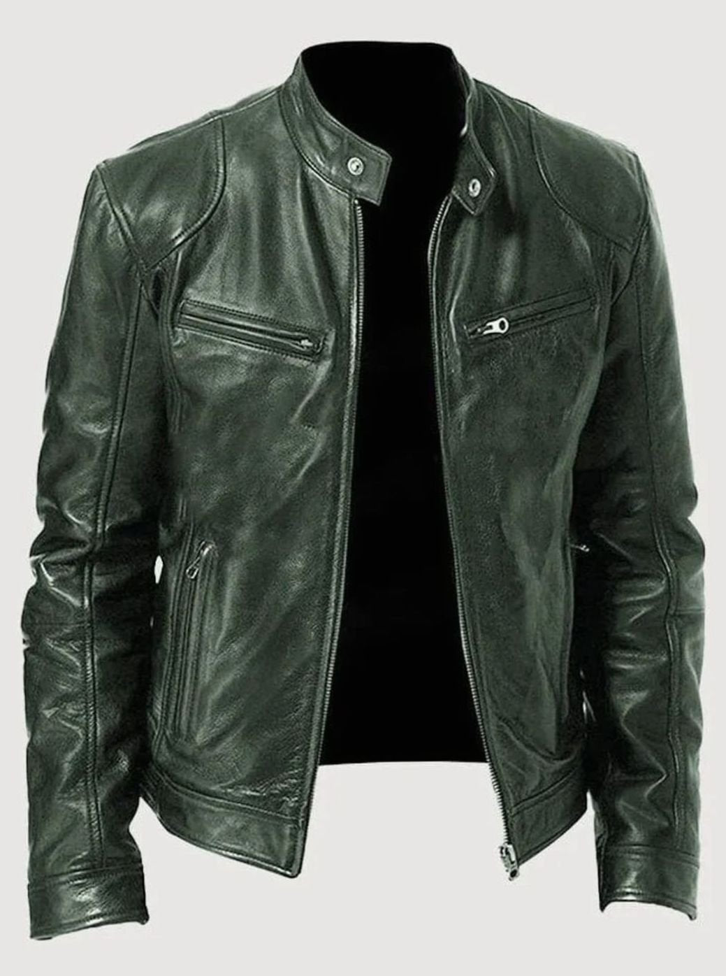 Damen Slim-Fit Moto Lederjacke mit Stehkragen Reißverschluss - Grün