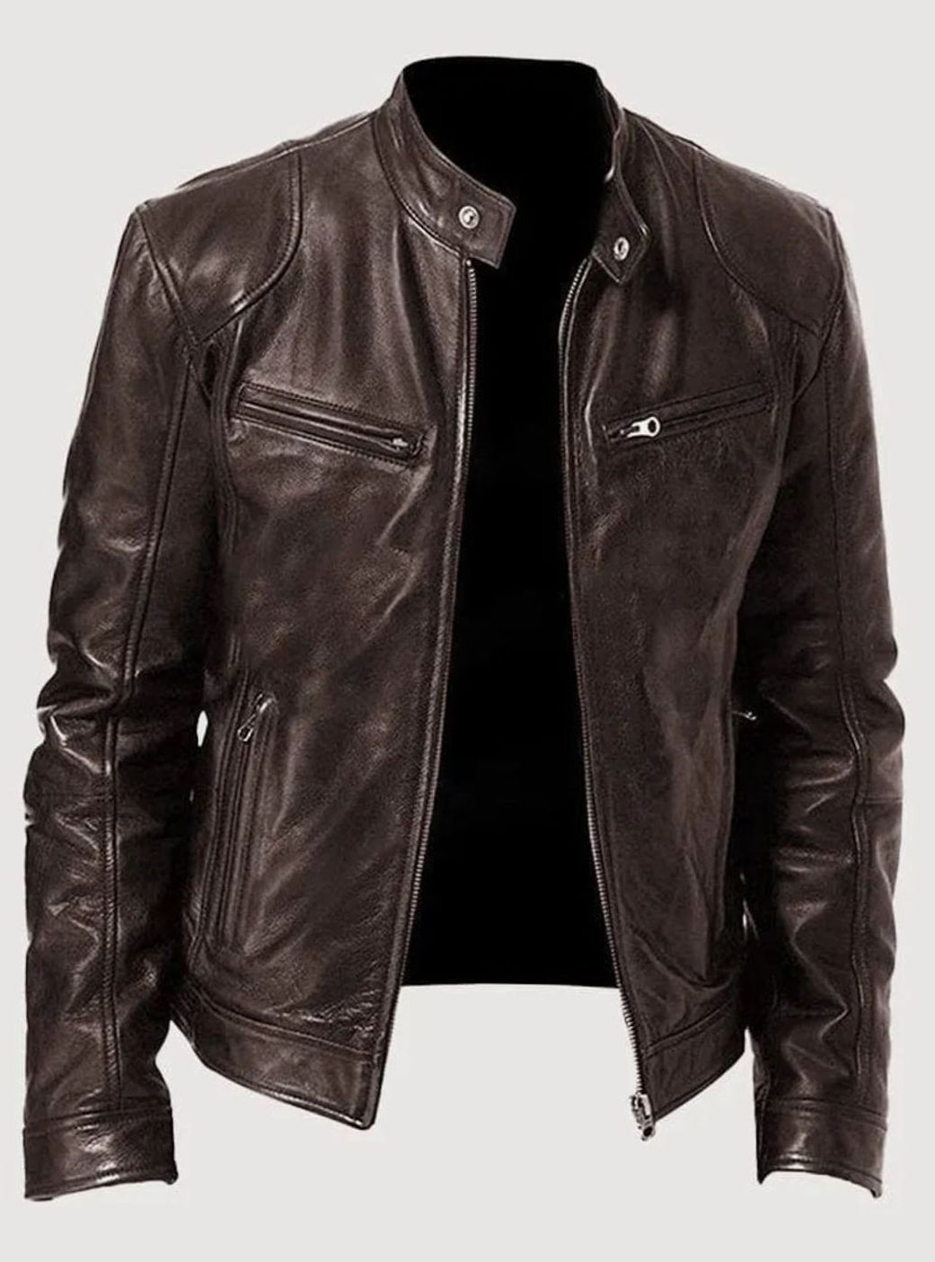 Damen Slim-Fit Moto Lederjacke mit Stehkragen Reißverschluss - Braun