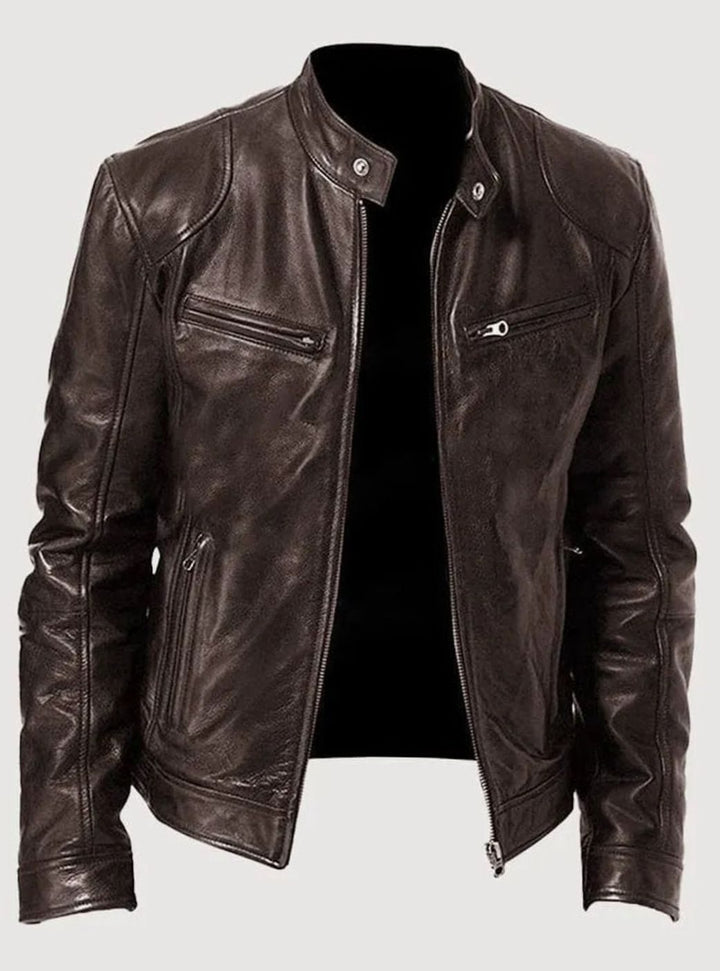 Damen Slim-Fit Moto Lederjacke mit Stehkragen Reißverschluss - Braun