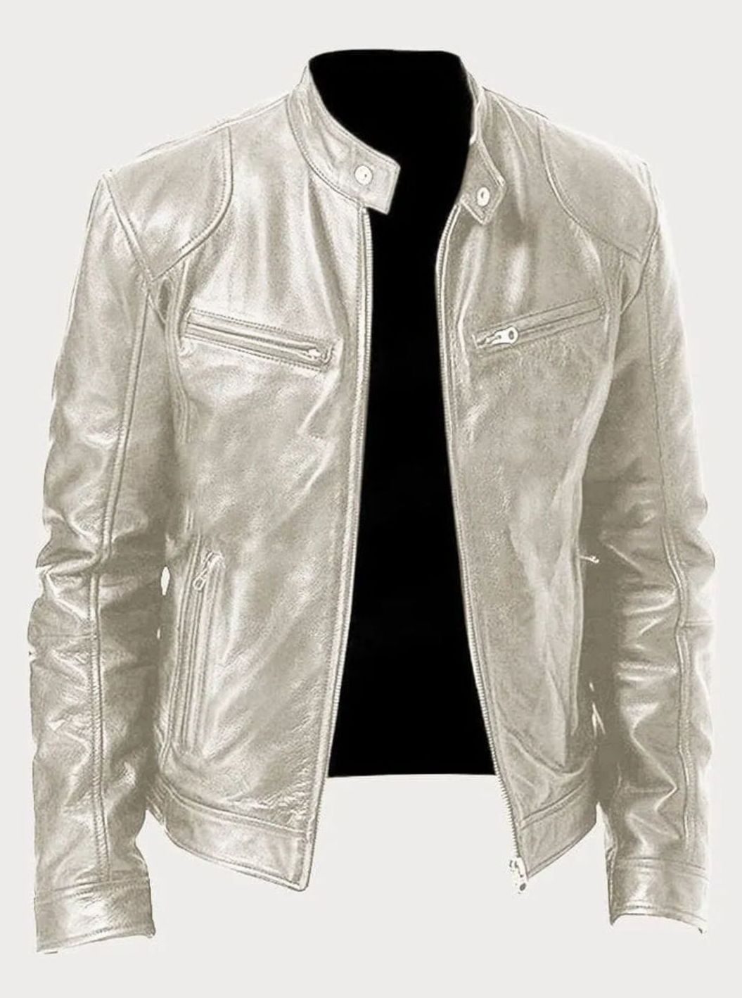 Damen Slim-Fit Moto Lederjacke mit Stehkragen Reißverschluss - Silber