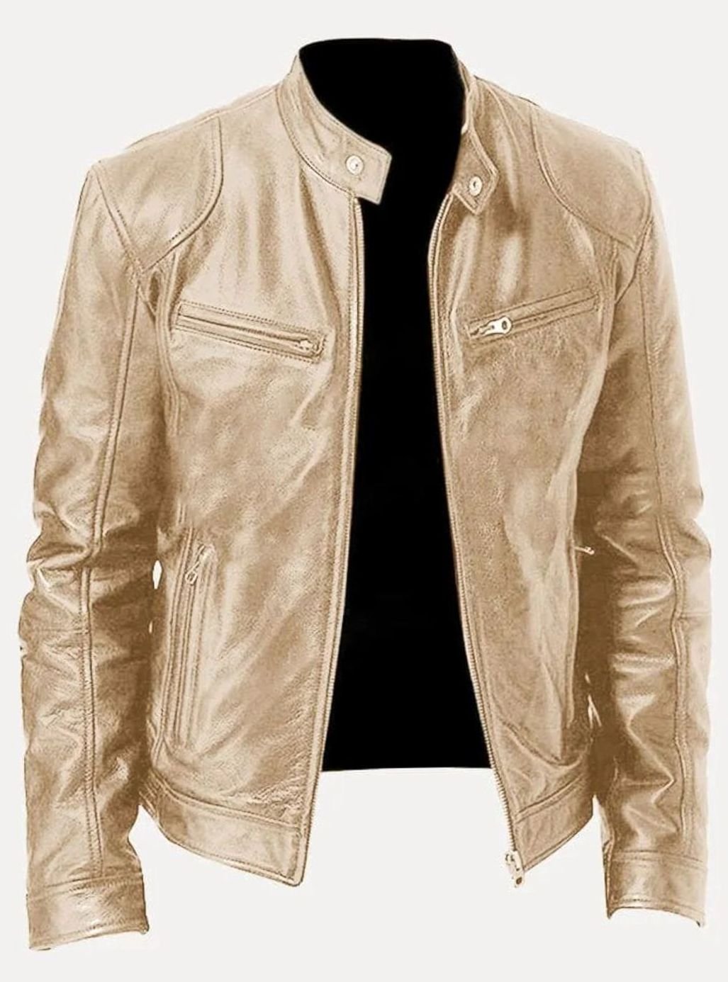 Damen Slim-Fit Moto Lederjacke mit Stehkragen Reißverschluss - Gold