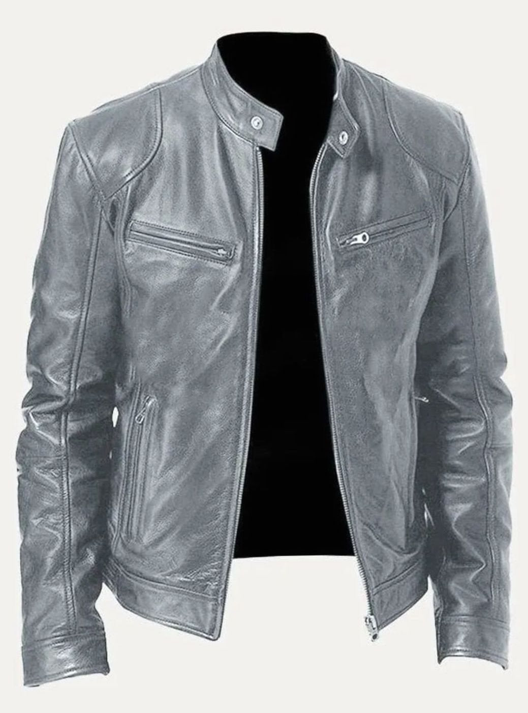 Damen Slim-Fit Moto Lederjacke mit Stehkragen Reißverschluss - Grau