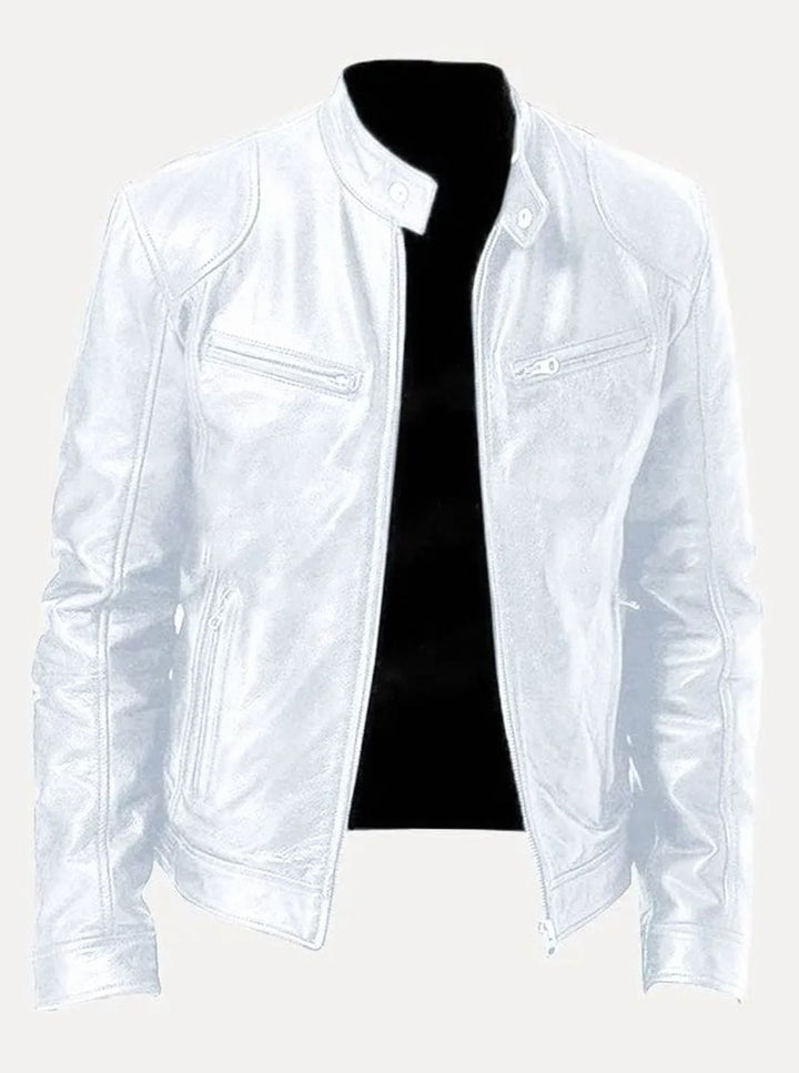 Damen Slim-Fit Moto Lederjacke mit Stehkragen Reißverschluss - Weiß
