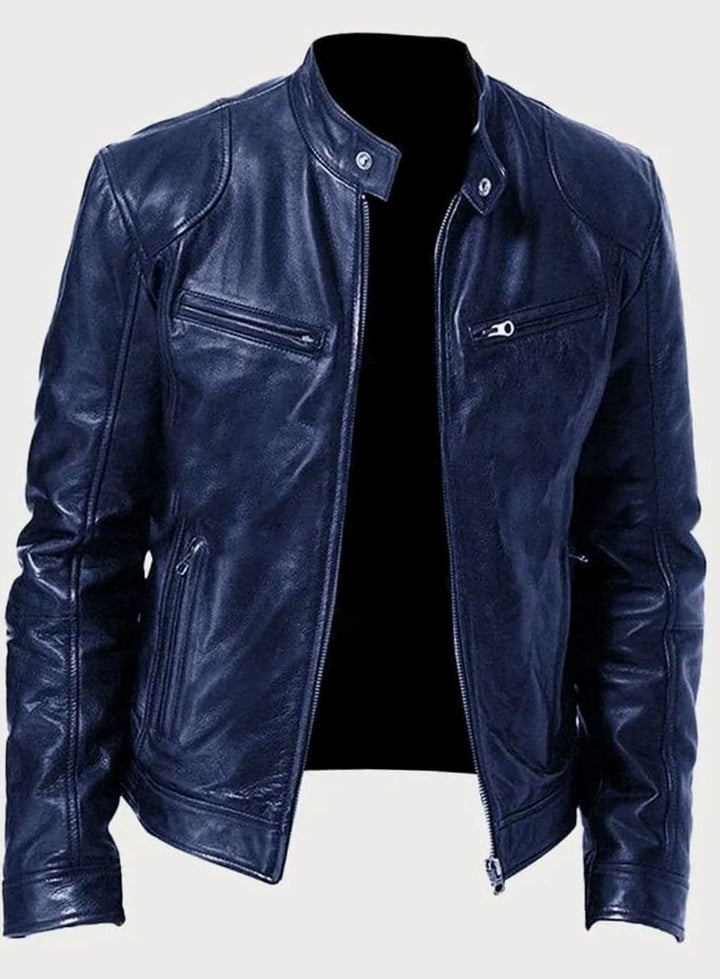 Damen Slim-Fit Moto Lederjacke mit Stehkragen Reißverschluss - Marine