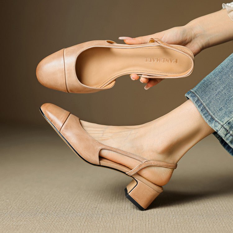 Damen Slingback Pumps Leder Mandelförmig Niedrig - Apricot