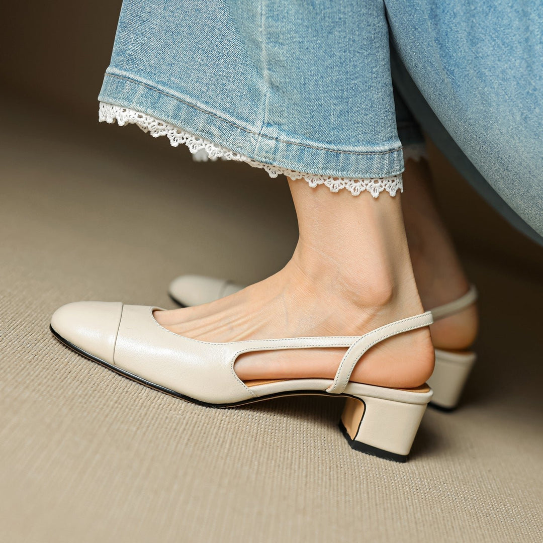 Damen Slingback Pumps Leder Mandelförmig Niedrig