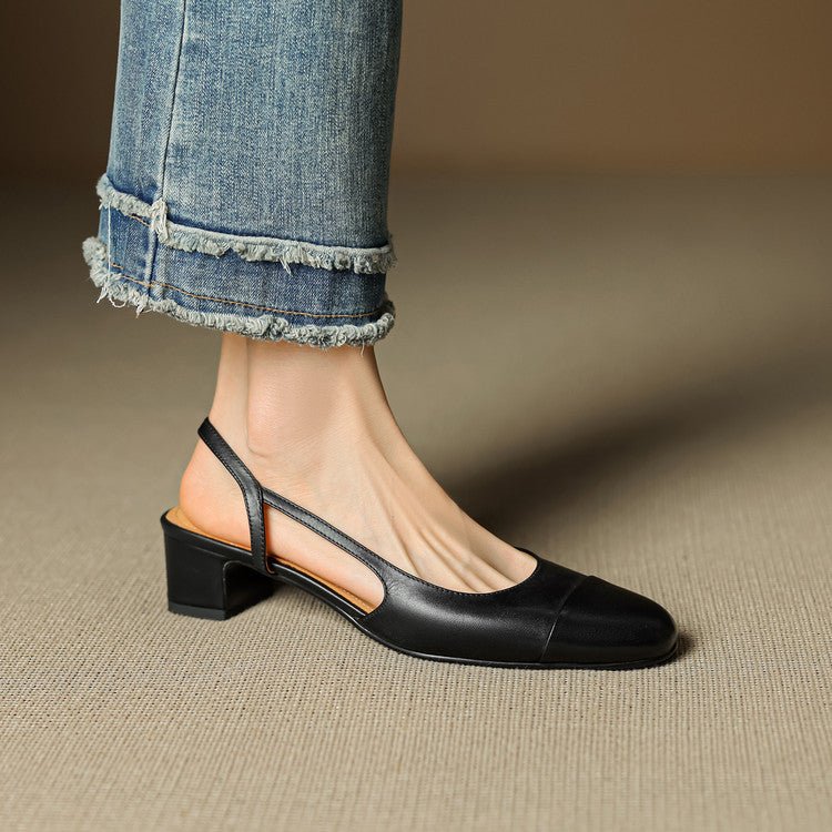 Damen Slingback Pumps Leder Mandelförmig Niedrig - Black