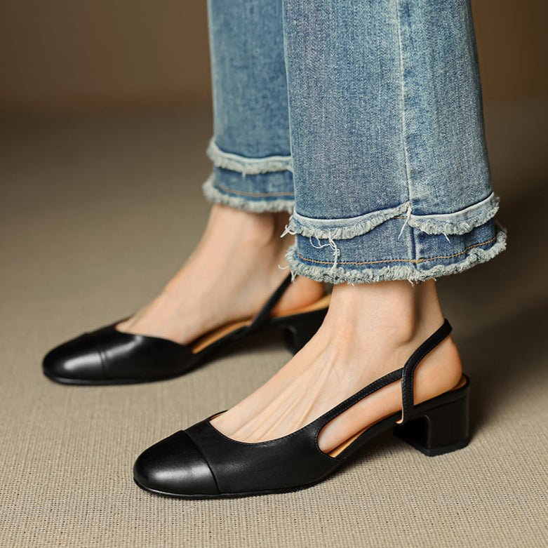 Damen Slingback Pumps Leder Mandelförmig Niedrig