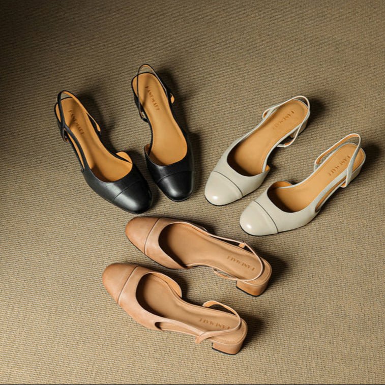 Damen Slingback Pumps Leder Mandelförmig Niedrig