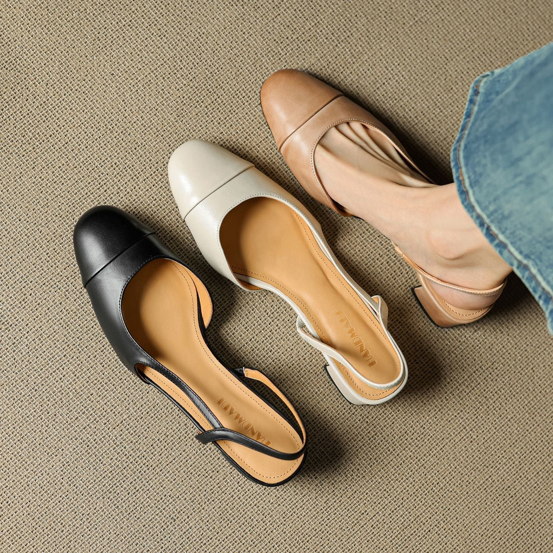 Damen Slingback Pumps Leder Mandelförmig Niedrig