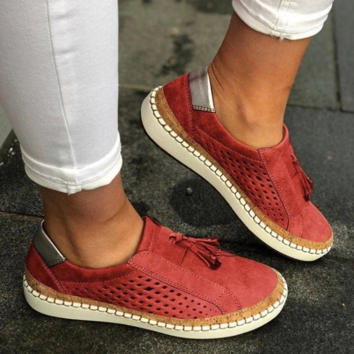 Damen Slip-On Loafer Orthopädisch Atmungsaktiv Quasten - Red