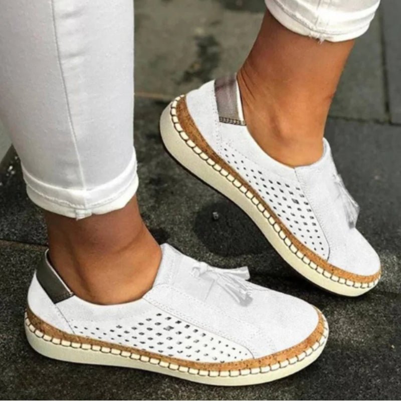 Damen Slip-On Loafer Orthopädisch Atmungsaktiv Quasten - White