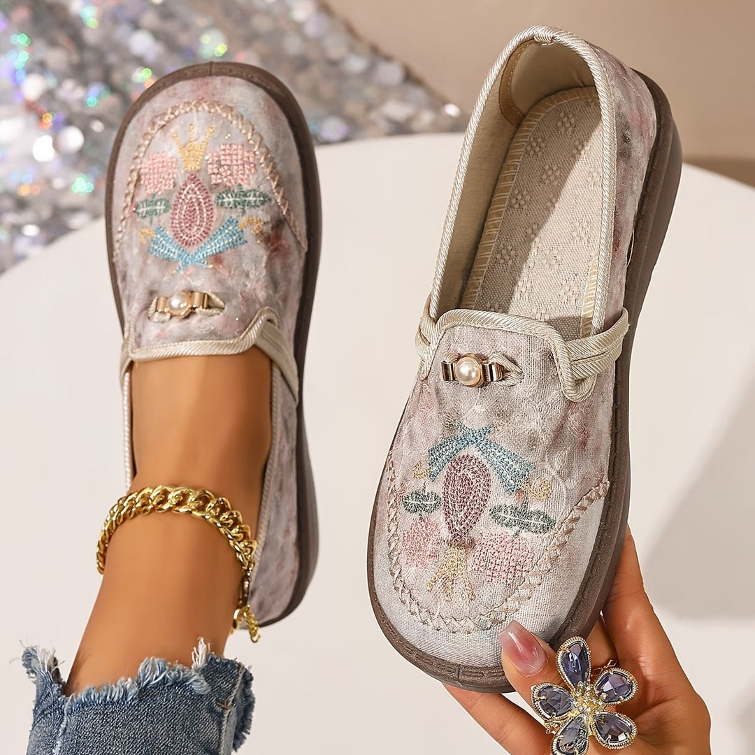 Damen Slipper Blumenstickerei Perlendetails - Beige