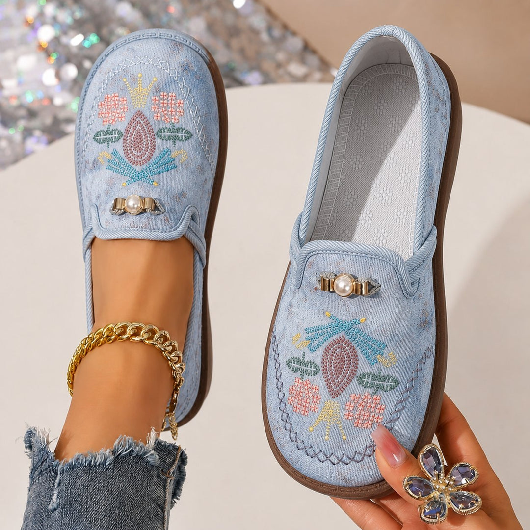 Damen Slipper Blumenstickerei Perlendetails - Gray