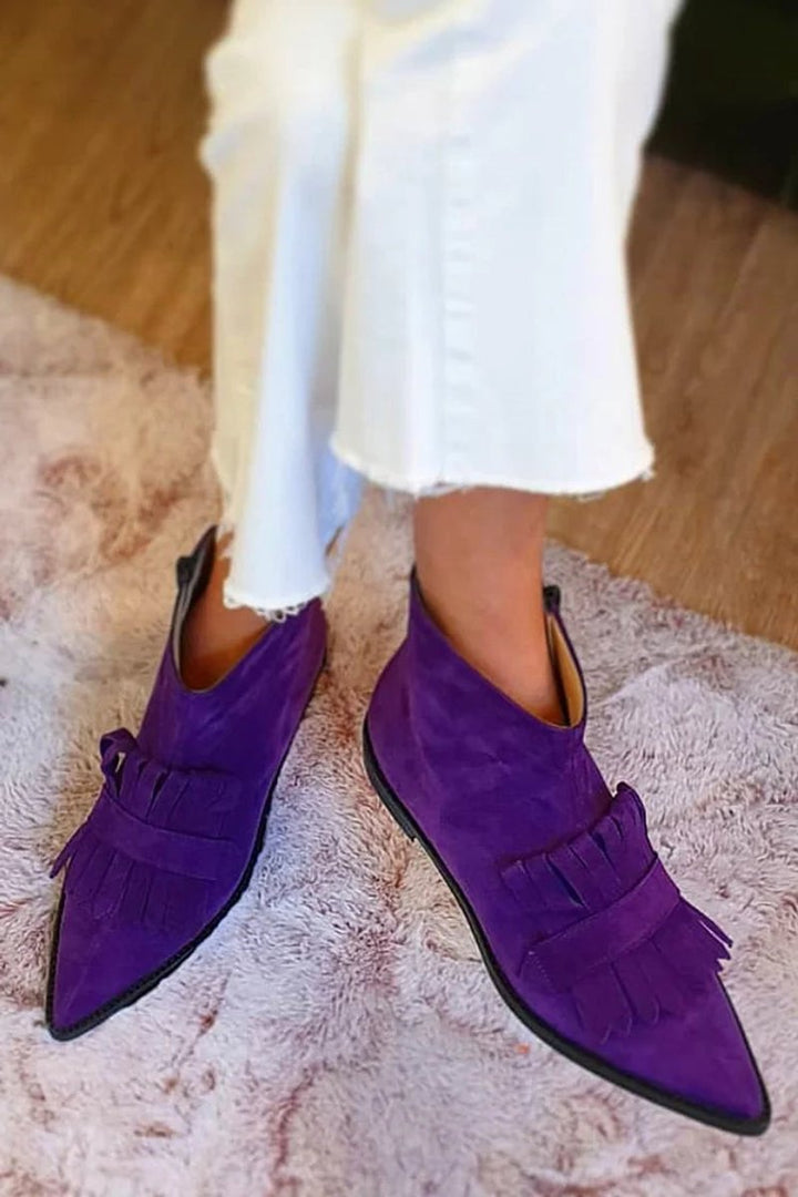 Damen Spitze Fransen Ankle Boots Lila Velours Mokassin-Stiefeletten