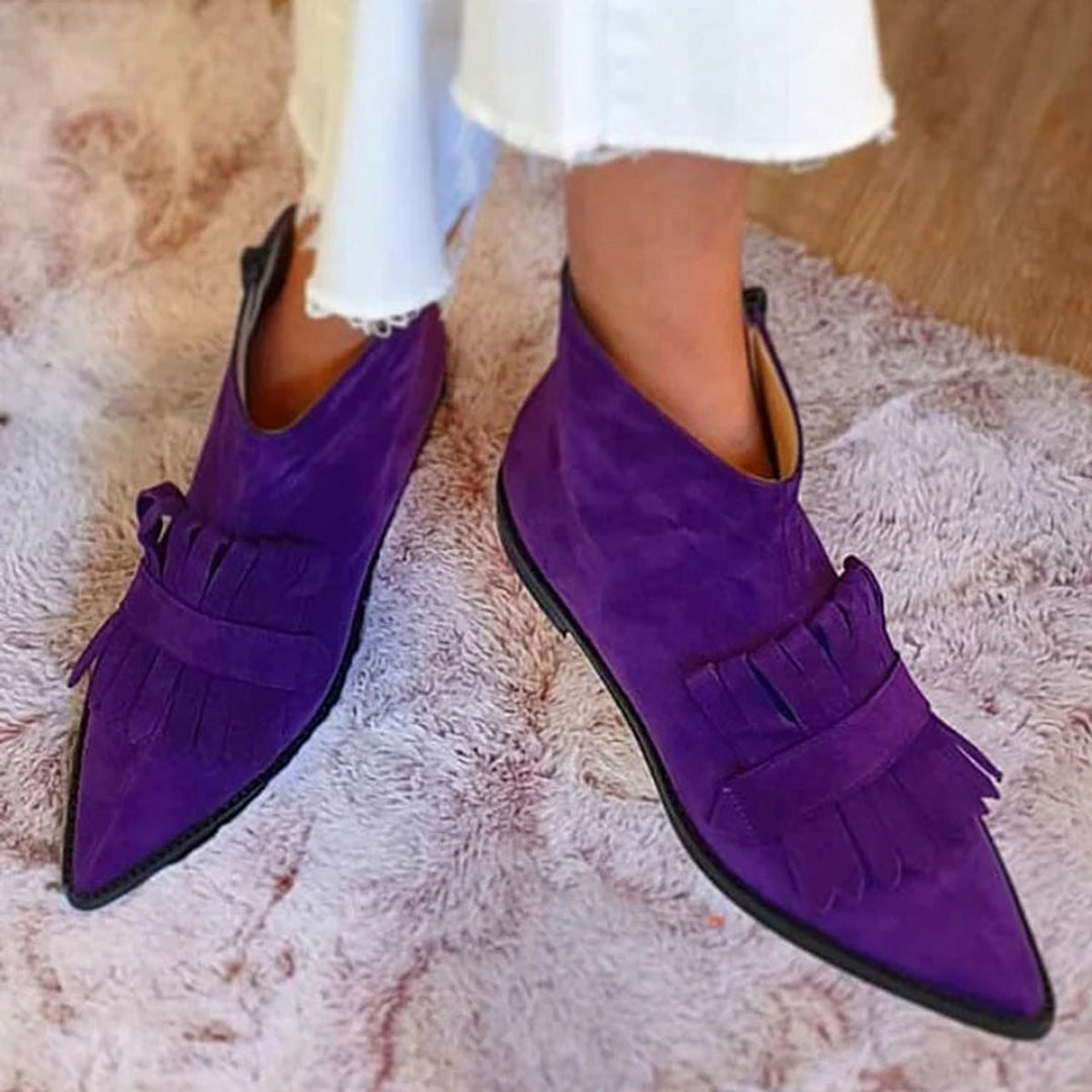 Damen Spitze Fransen Ankle Boots Lila Velours Mokassin-Stiefeletten - Lila