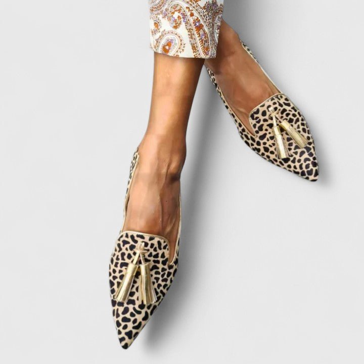 Damen Spitze Loafers mit Leopardenmuster und Quasten - Gold