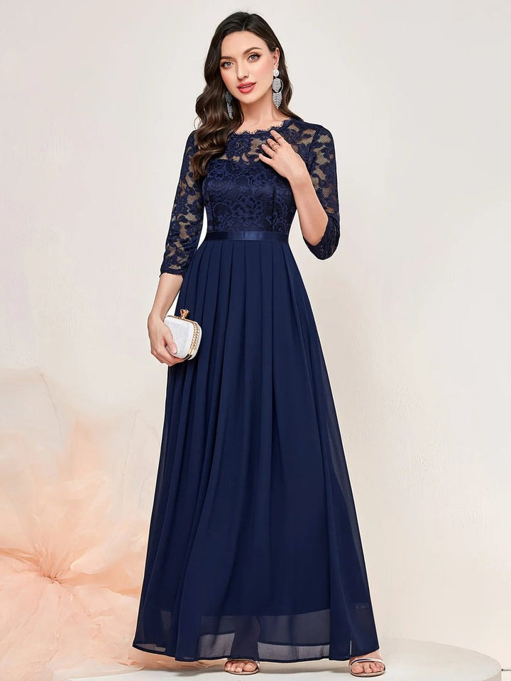 Damen Spitze Plissee Dreiviertelarm Formelle Abendkleider Maxi
