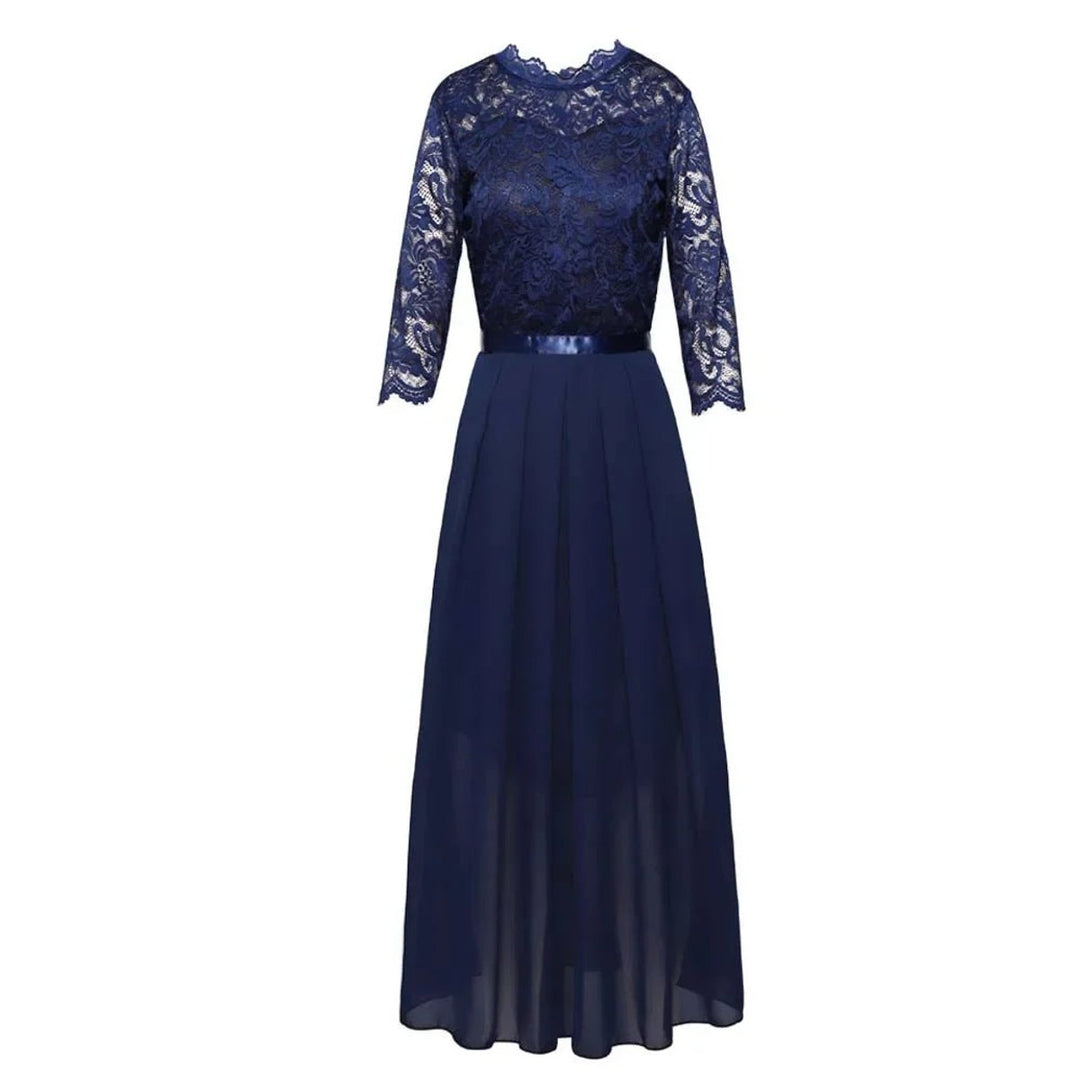 Damen Spitze Plissee Dreiviertelarm Formelle Abendkleider Maxi