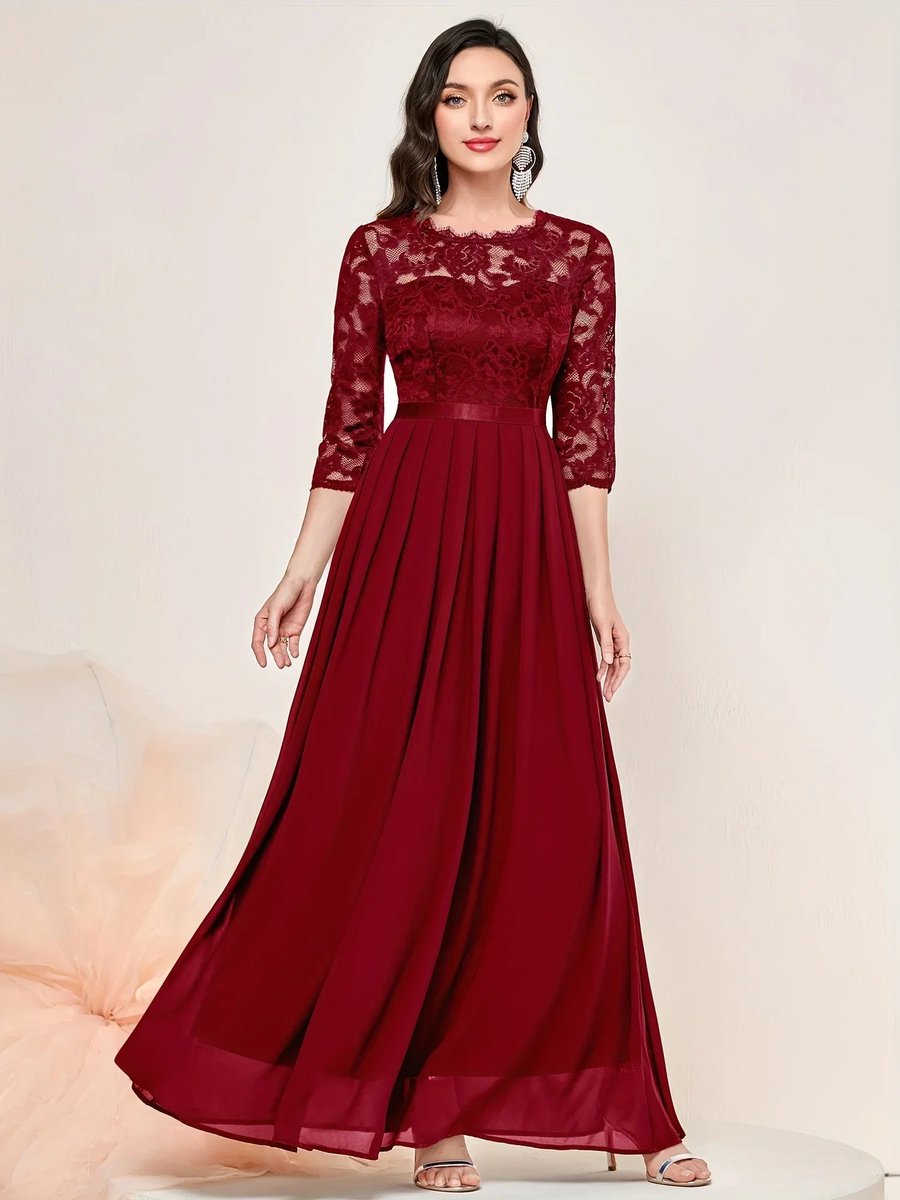 Damen Spitze Plissee Dreiviertelarm Formelle Abendkleider Maxi