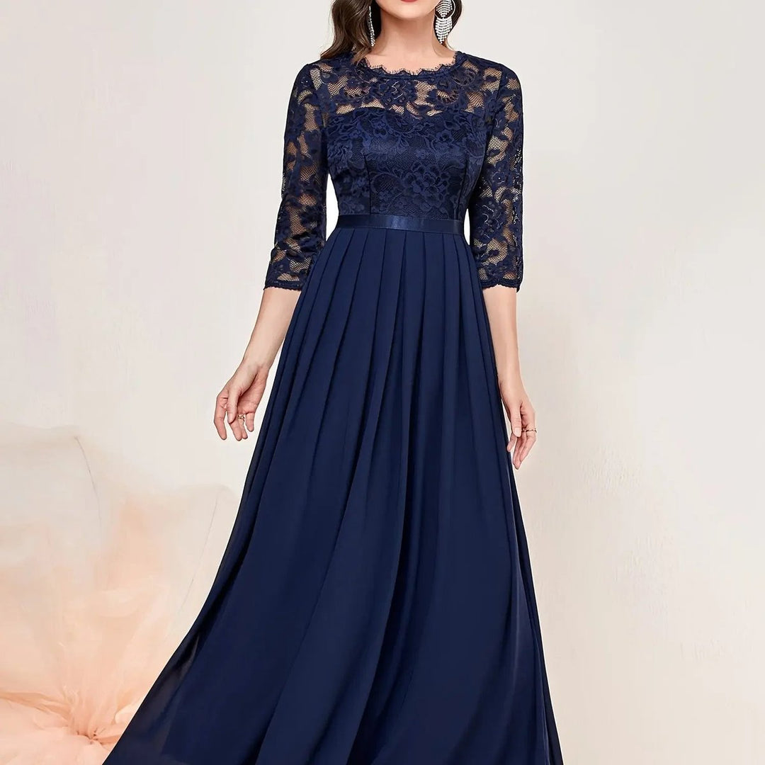 Damen Spitze Plissee Dreiviertelarm Formelle Abendkleider Maxi - Blau