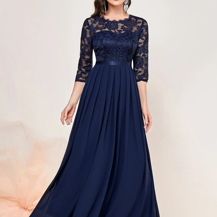 Damen Spitze Plissee Dreiviertelarm Formelle Abendkleider Maxi - Blau