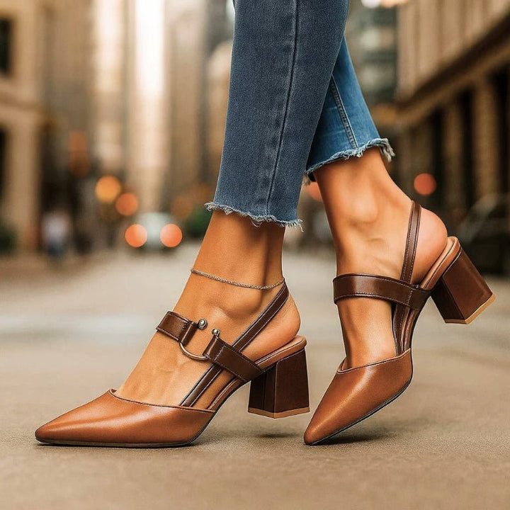 Damen Spitze T-Riemen Blockabsatz Pumps - Brown