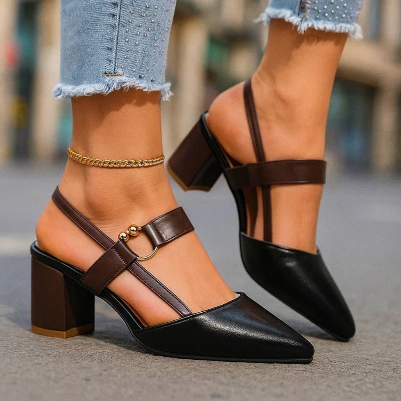 Damen Spitze T-Riemen Blockabsatz Pumps - Black