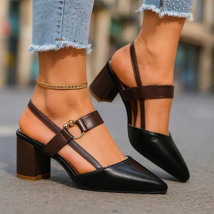 Damen Spitze T-Riemen Blockabsatz Pumps - Black
