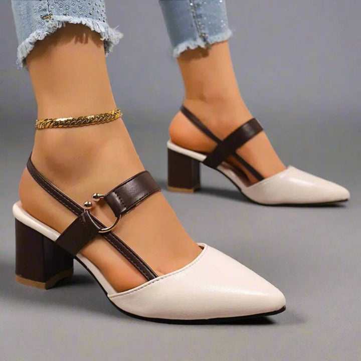 Damen Spitze T-Riemen Blockabsatz Pumps - Beige