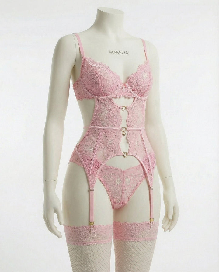 Damen Spitzen-Dessous-Set mit Büstenhalter Strapsürtel und Strümpfen