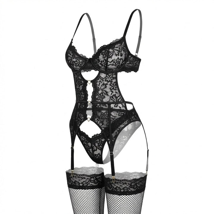 Damen Spitzen-Dessous-Set mit Büstenhalter Strapsürtel und Strümpfen - Black