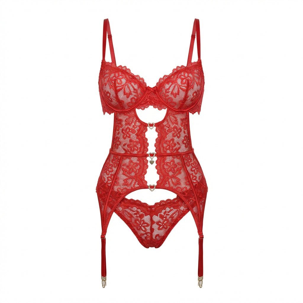 Damen Spitzen-Dessous-Set mit Büstenhalter Strapsürtel und Strümpfen - Red