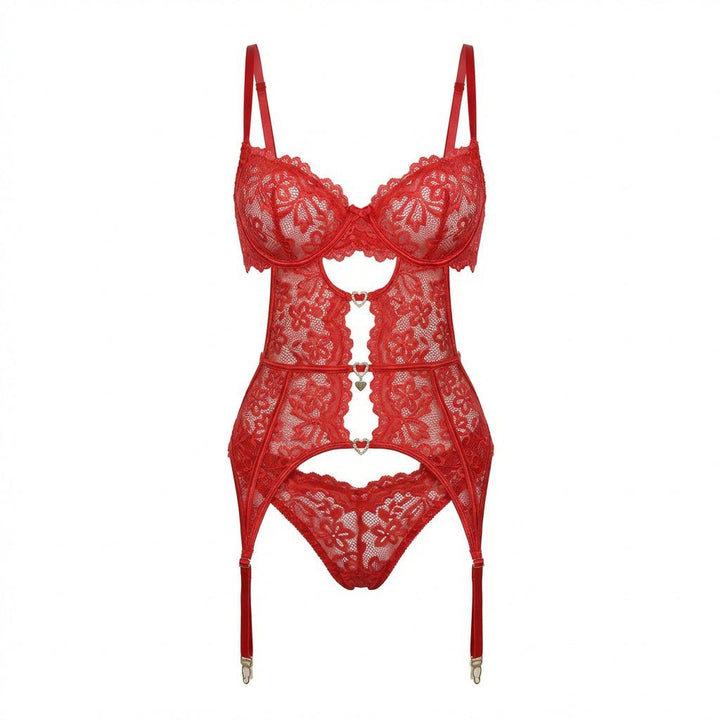 Damen Spitzen-Dessous-Set mit Büstenhalter Strapsürtel und Strümpfen - Red