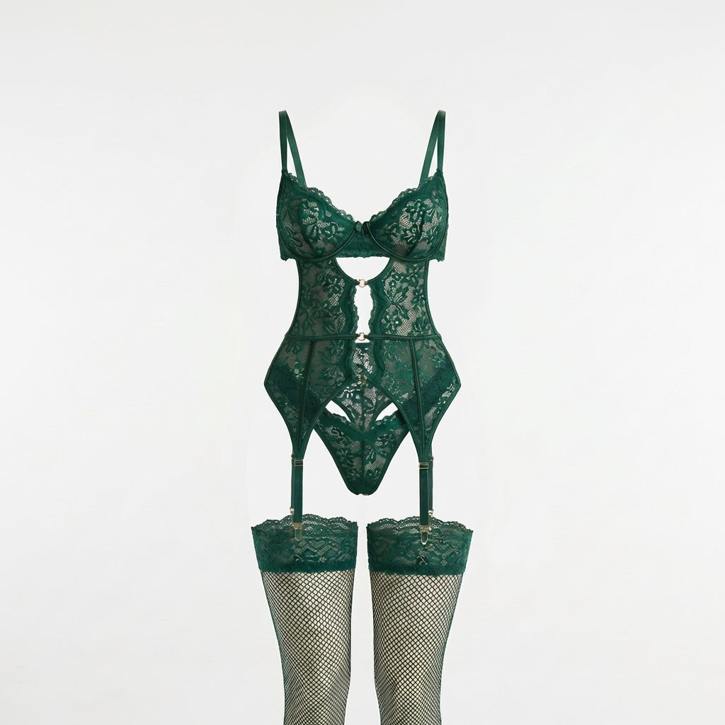 Damen Spitzen-Dessous-Set mit Büstenhalter Strapsürtel und Strümpfen - Green