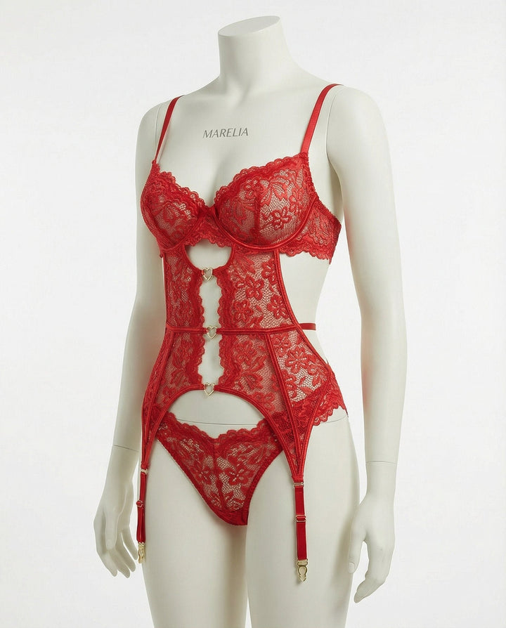 Damen Spitzen-Dessous-Set mit Büstenhalter Strapsürtel und Strümpfen