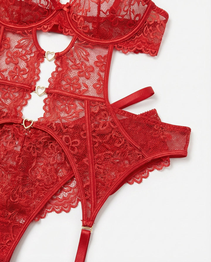Damen Spitzen-Dessous-Set mit Büstenhalter Strapsürtel und Strümpfen