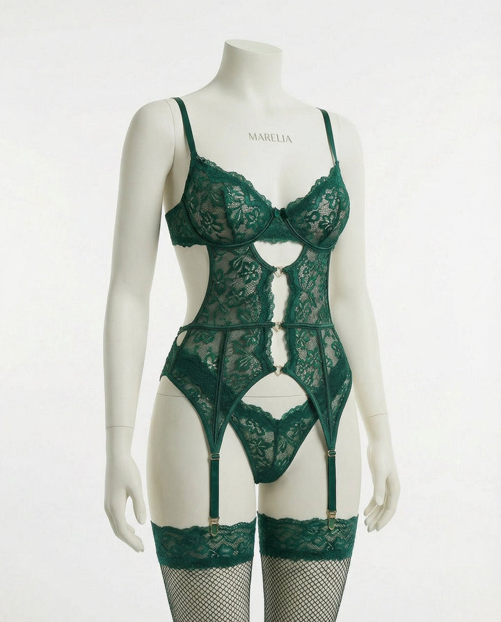 Damen Spitzen-Dessous-Set mit Büstenhalter Strapsürtel und Strümpfen