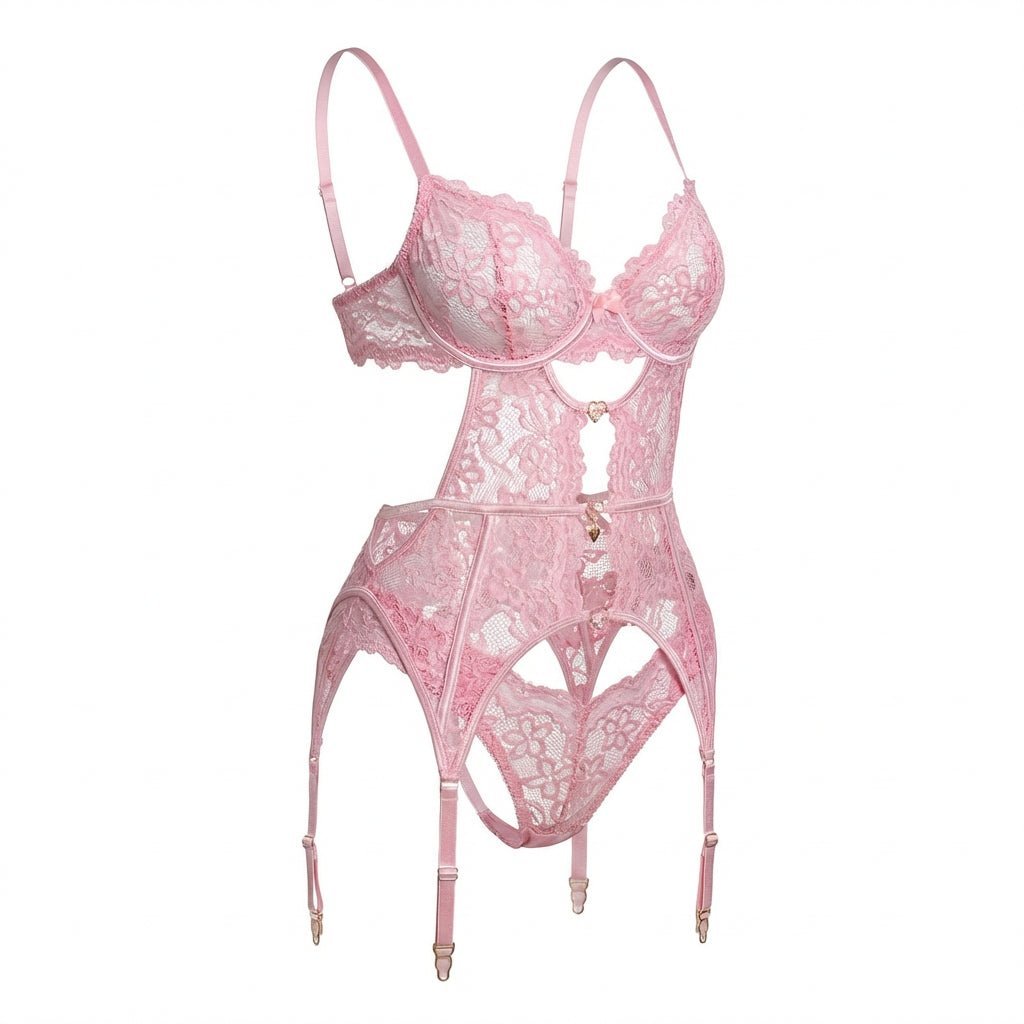 Damen Spitzen-Dessous-Set mit Büstenhalter Strapsürtel und Strümpfen - Pink