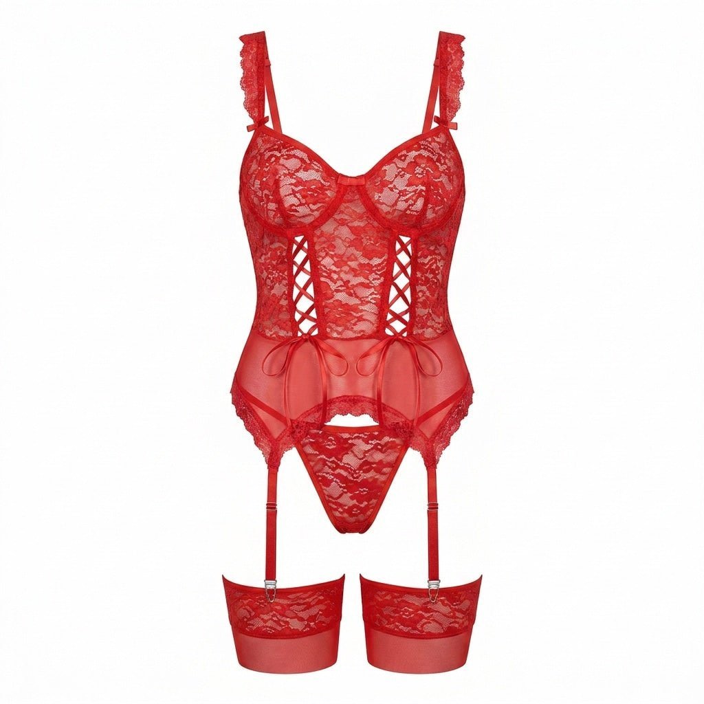 Damen Spitzen-Korsett Dessous Set mit Strumpfband - Red