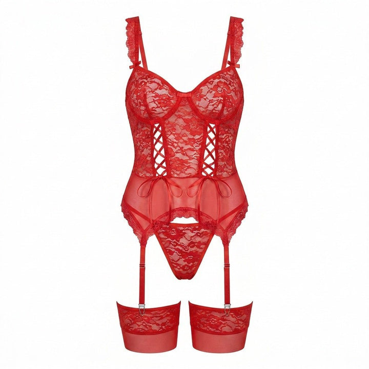 Damen Spitzen-Korsett Dessous Set mit Strumpfband - Red