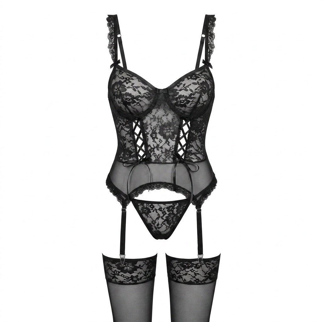 Damen Spitzen-Korsett Dessous Set mit Strumpfband - Black