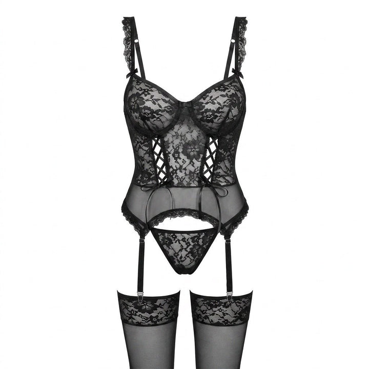 Damen Spitzen-Korsett Dessous Set mit Strumpfband - Black