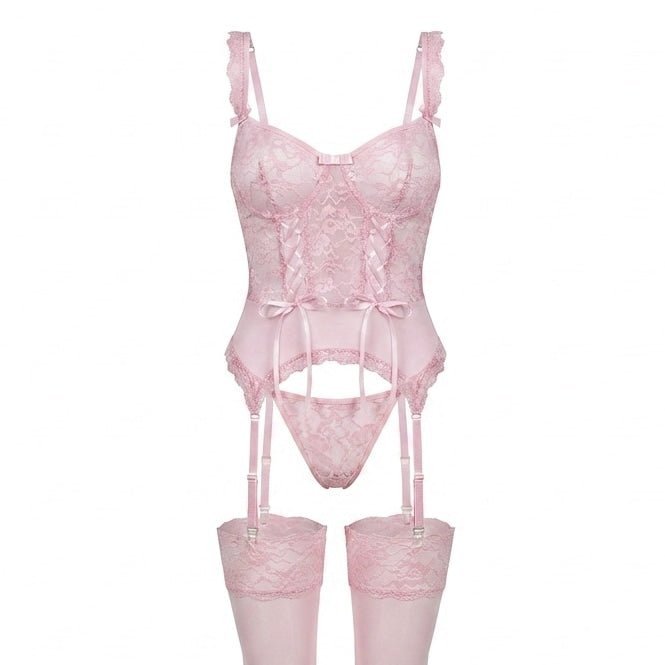 Damen Spitzen-Korsett Dessous Set mit Strumpfband - Pink