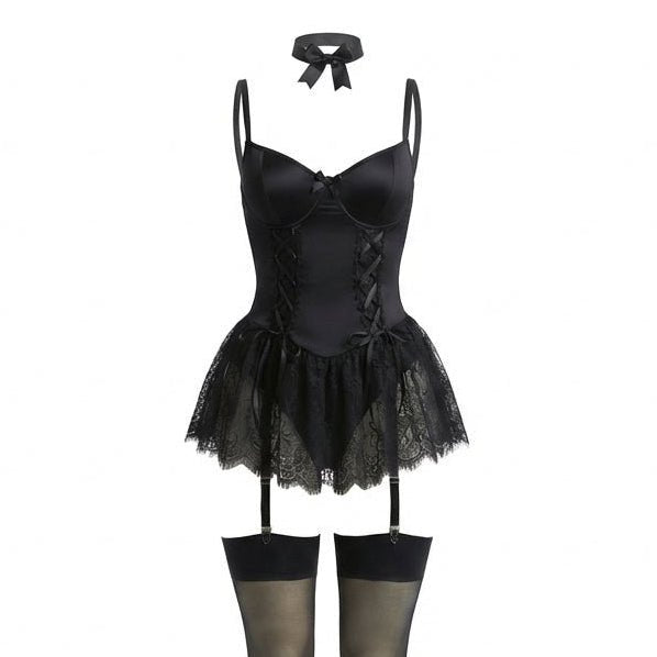 Damen Spitzen-Rüschen Bustier Body mit Strumpfhalter-Riemen - Black