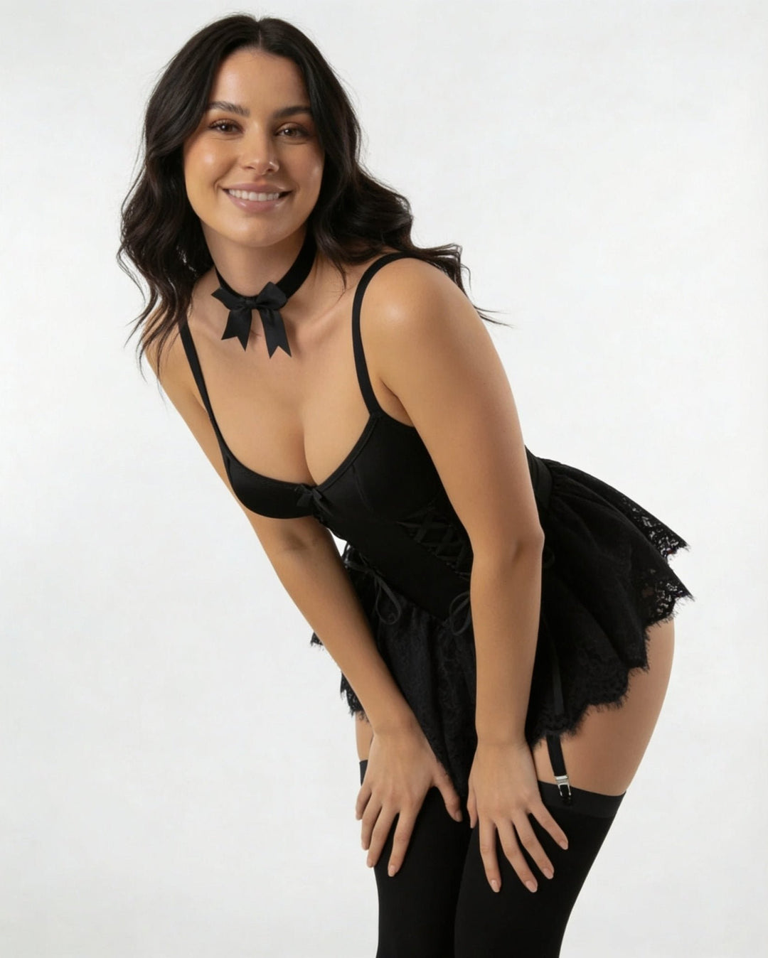 Damen Spitzen-Rüschen Bustier Body mit Strumpfhalter-Riemen